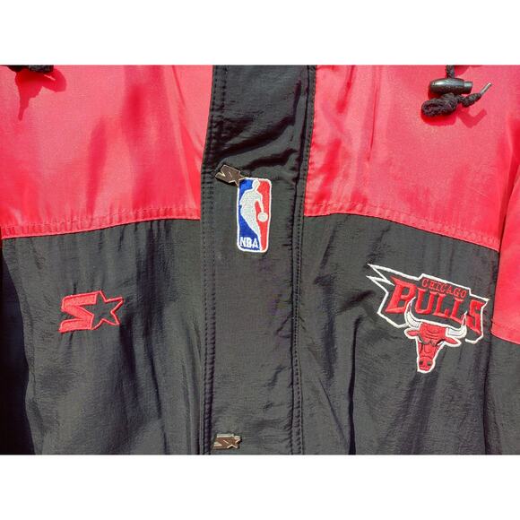 Chicago Bulls 90s STARTER puffer "Baby Calf" jacket XL black red NBA vintage - Picture 6 of 6